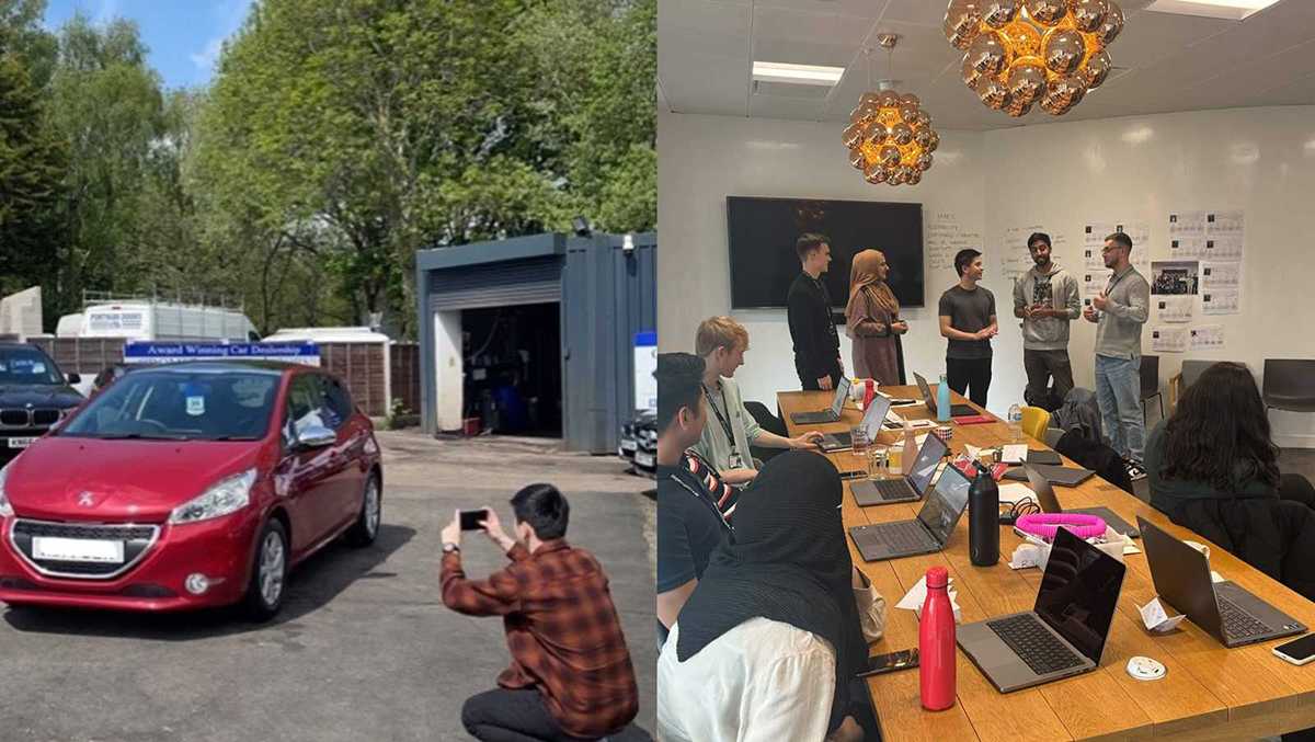 A photo on the left of someone taking a picture of a car outside, a photo on the
right with nine people in a room, discussing things A photo on the left of someone taking a picture of a car outside, a photo on the
right with nine people in a room, discussing things