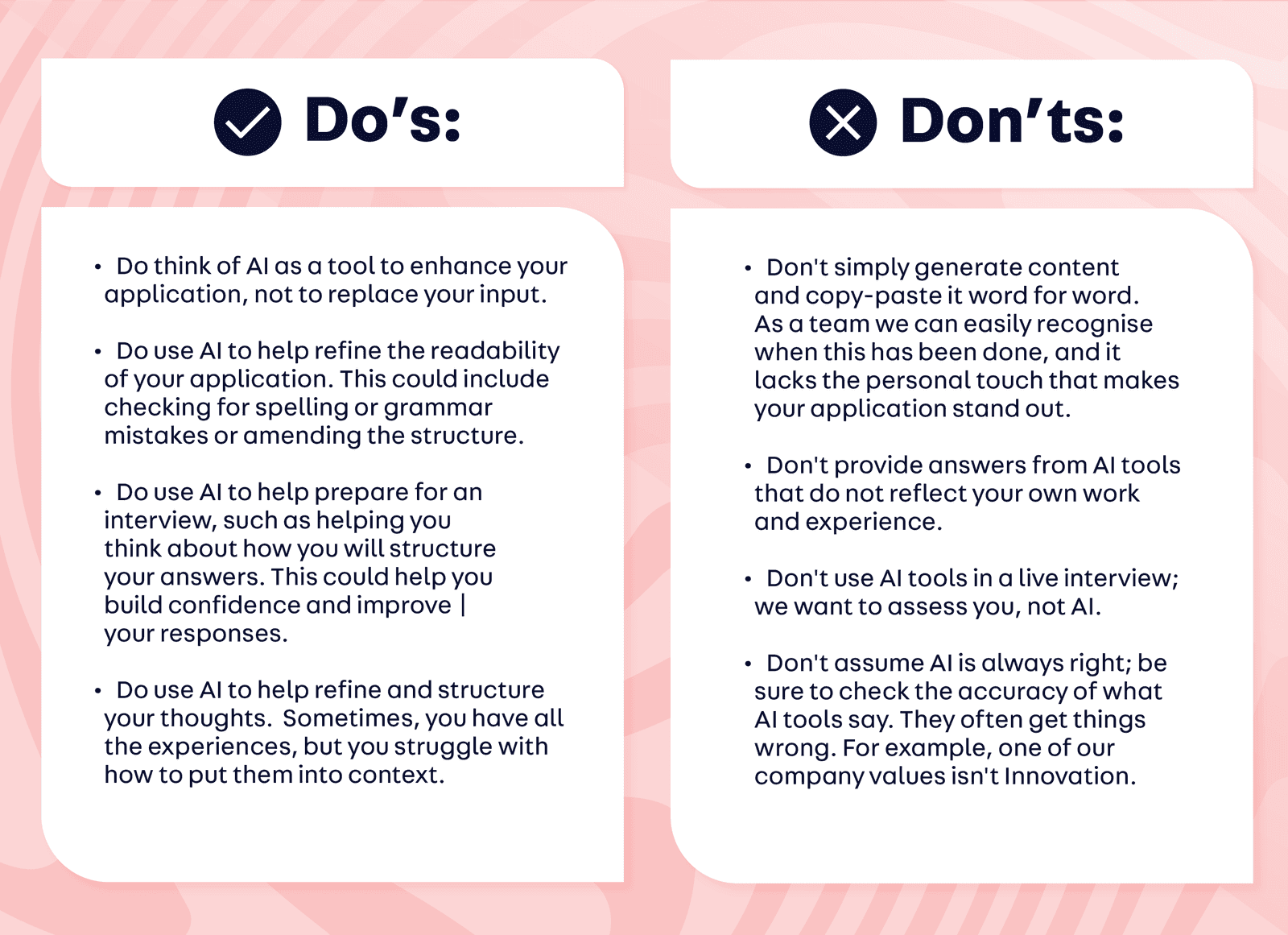 Our do's and don'ts for AI use during the application process: Our do's and don'ts for AI use during the application process: